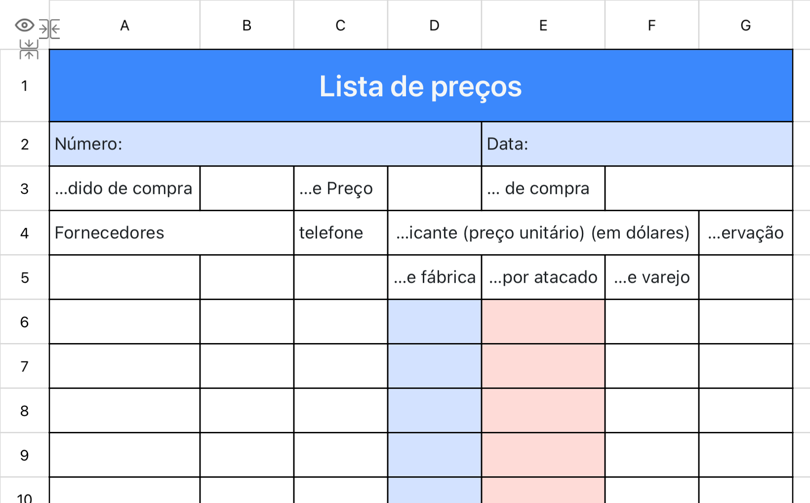 Lista de preços de compra